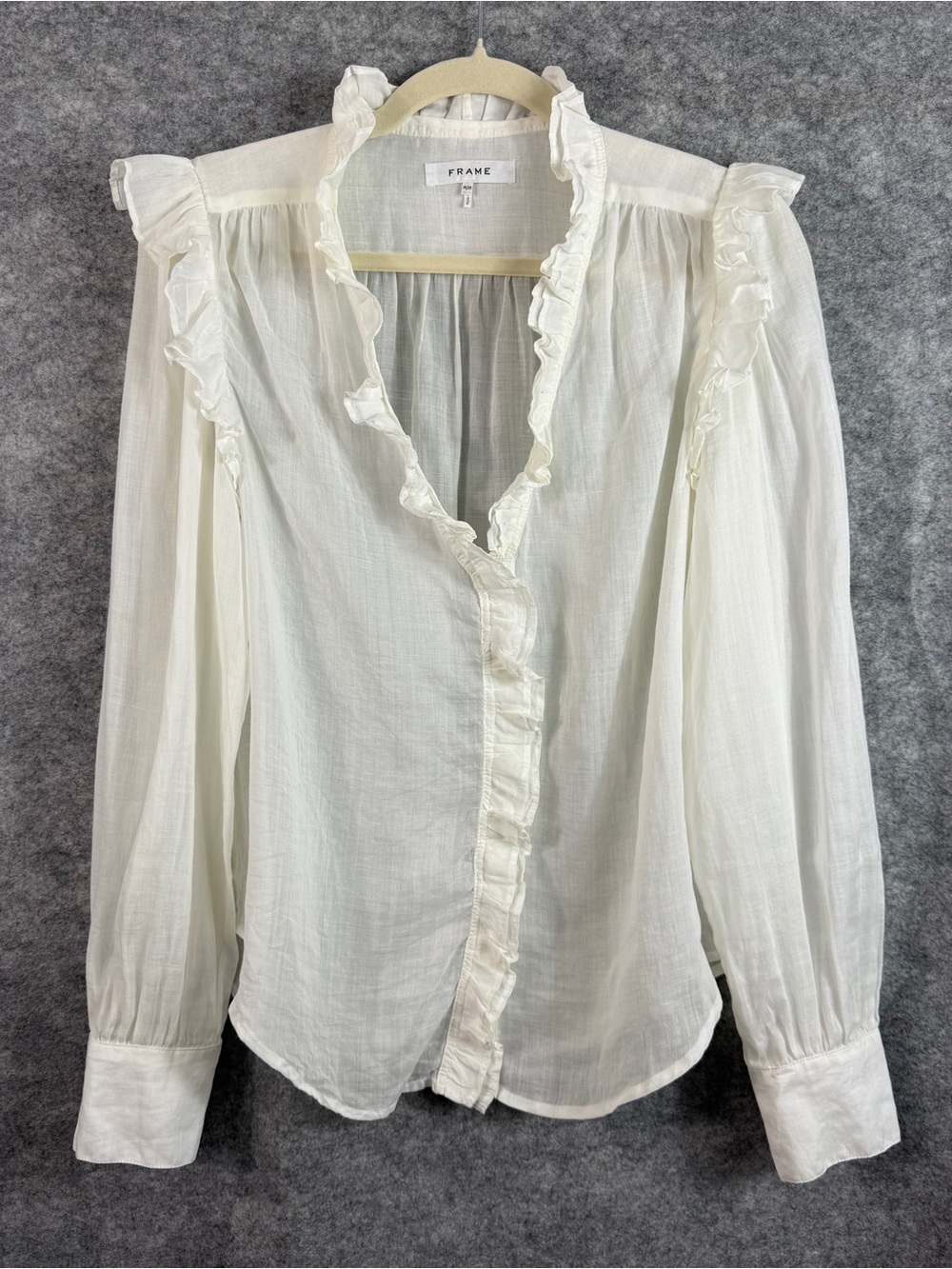 FRAME Ruffled Blouse Lauren White Ramie Gauze Size M Sheer Long Sleeve Top